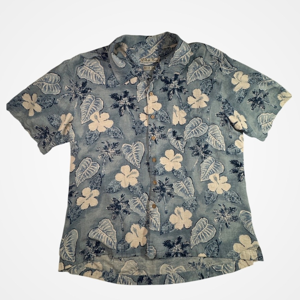 Batik Bay Mens‎ Silk Rayon Hawaiian Shirt Blue Hibiscus Palm Tree Tropical L